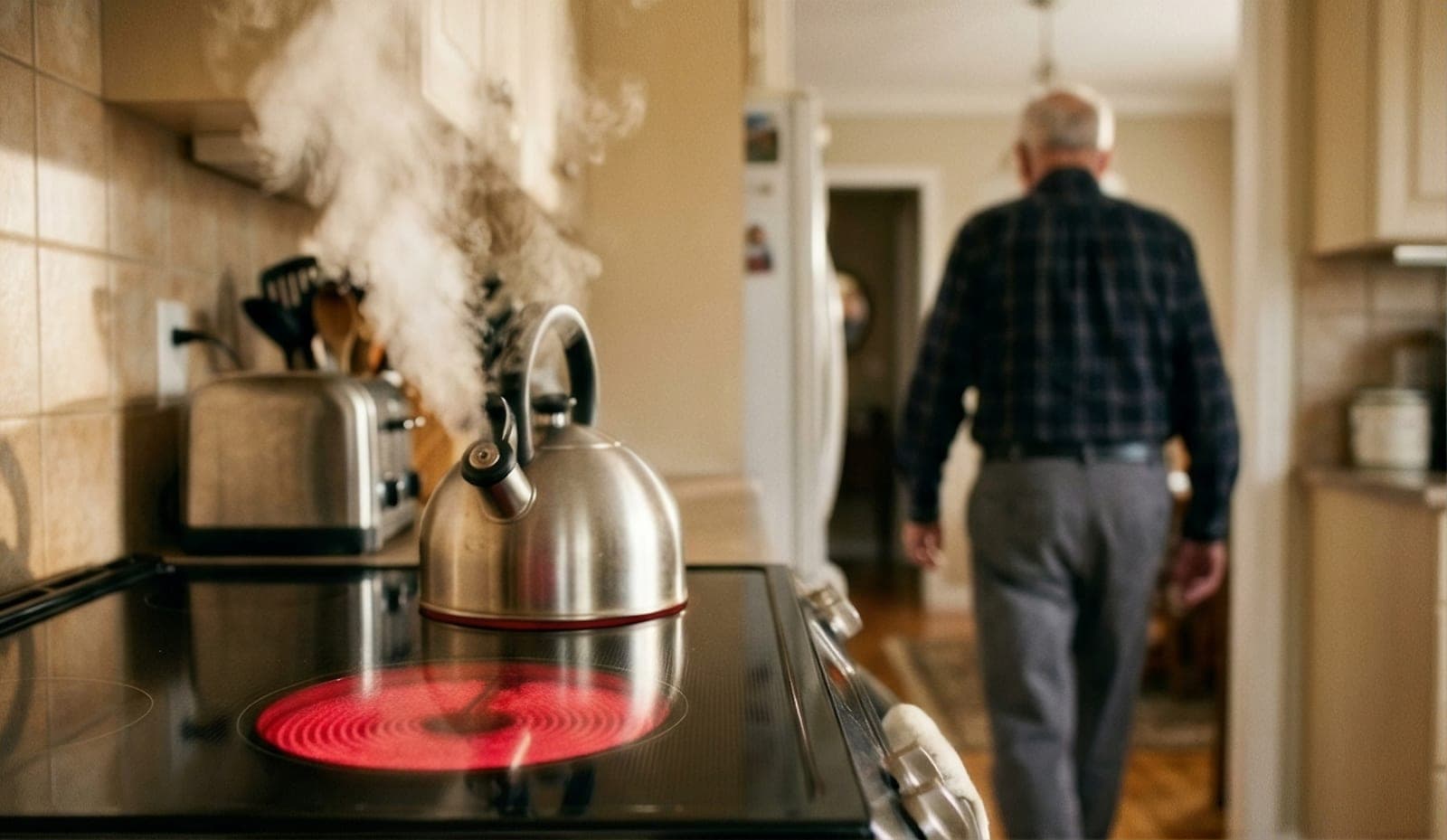 A steaming kettle on a glowing electric burner while an older man walks away into the next room