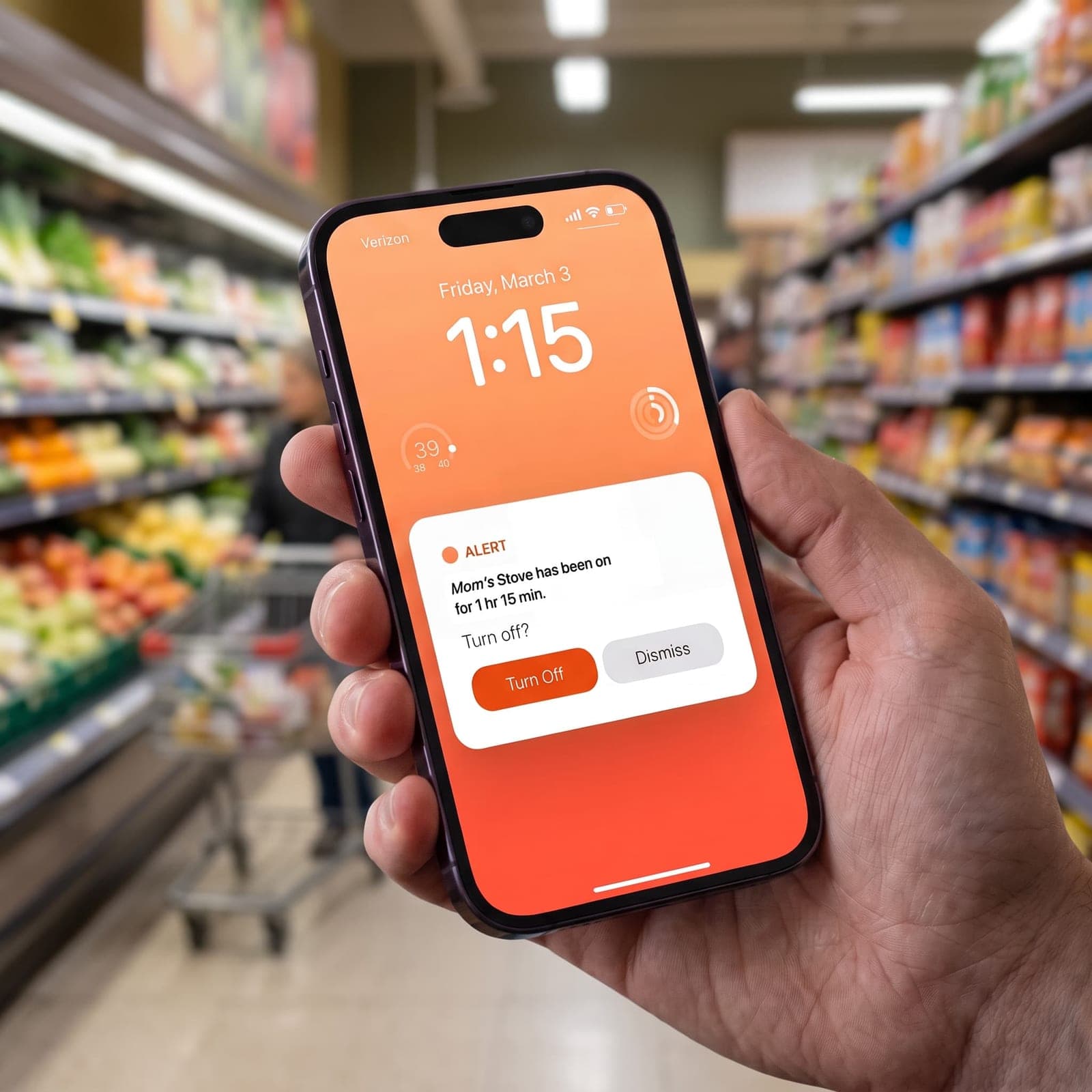 SENTRi phone alert in a grocery store: Mom's stove has been on for 1 hour 15 minutes, with a Turn Off option