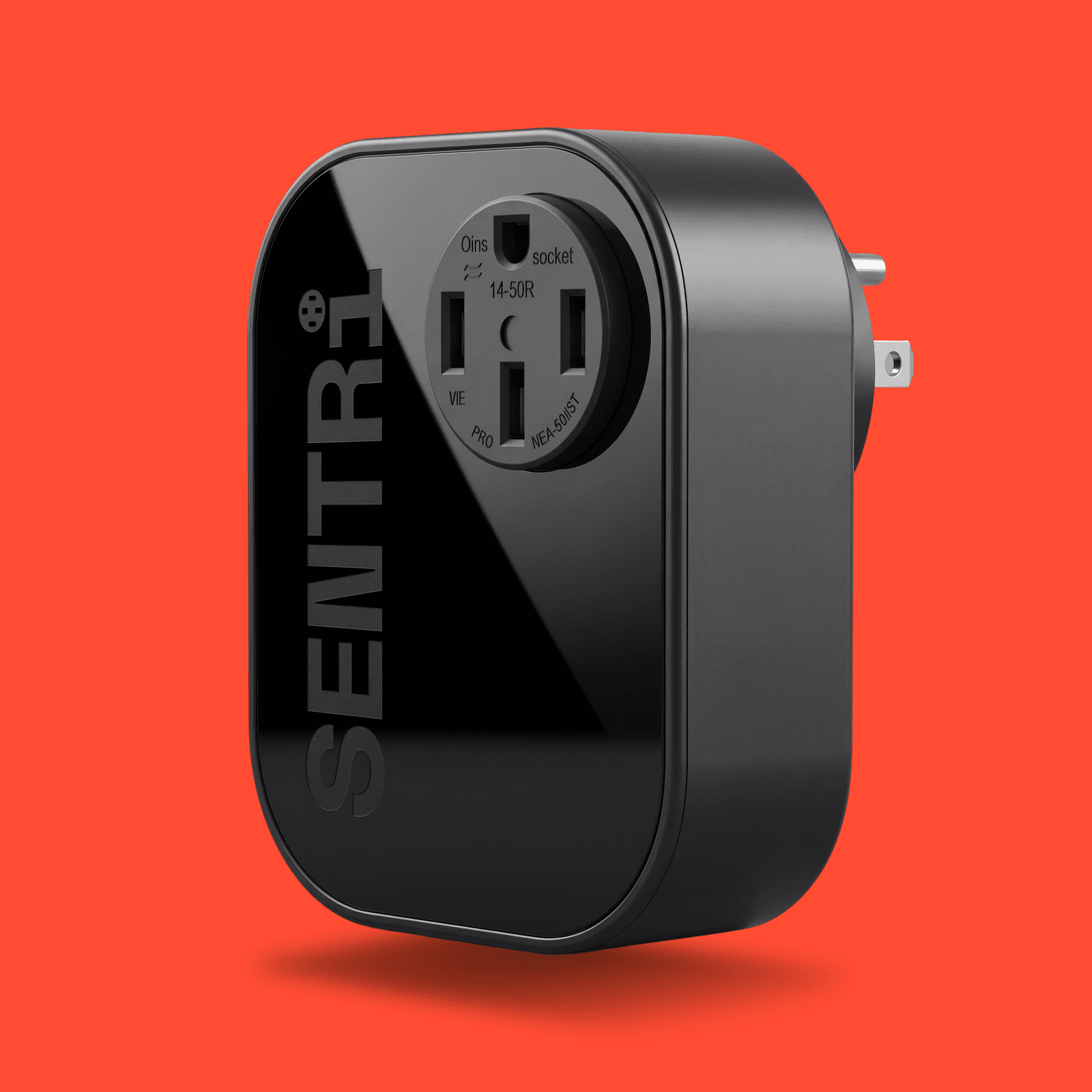 Black SENTRi Plug with a 14-50R outlet on a red background